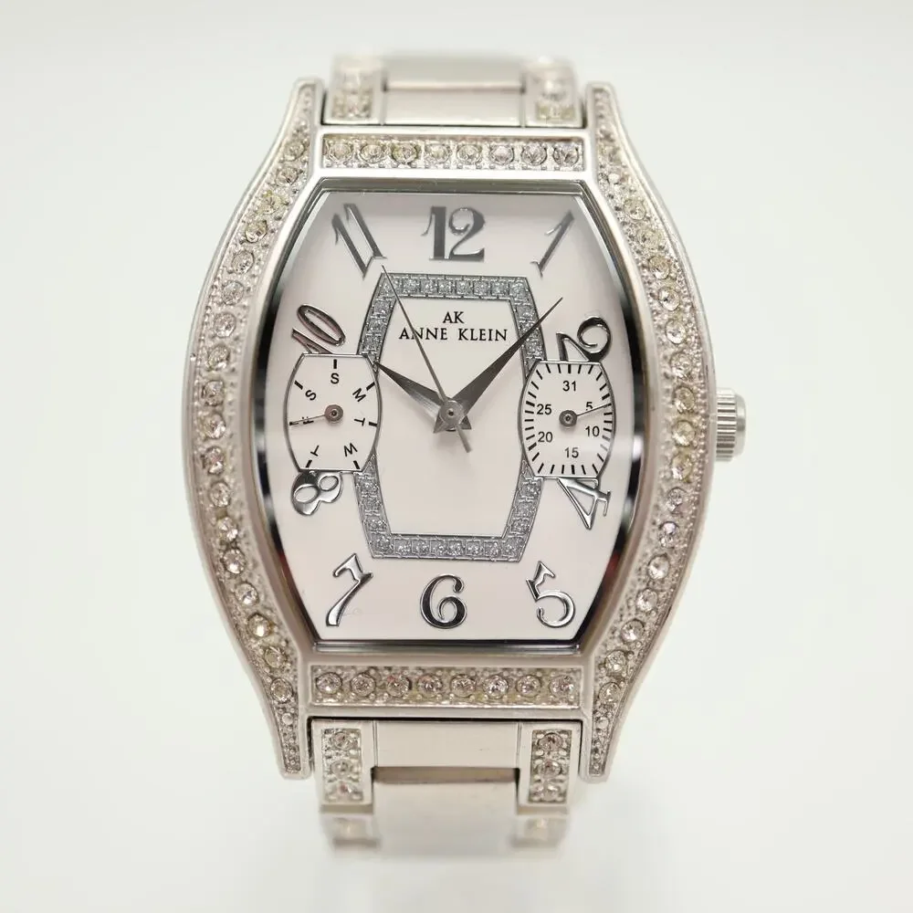 Anne Klein 31mm Barrel Silver Tone Womens Watch Day Date Bracelet w New Battery
